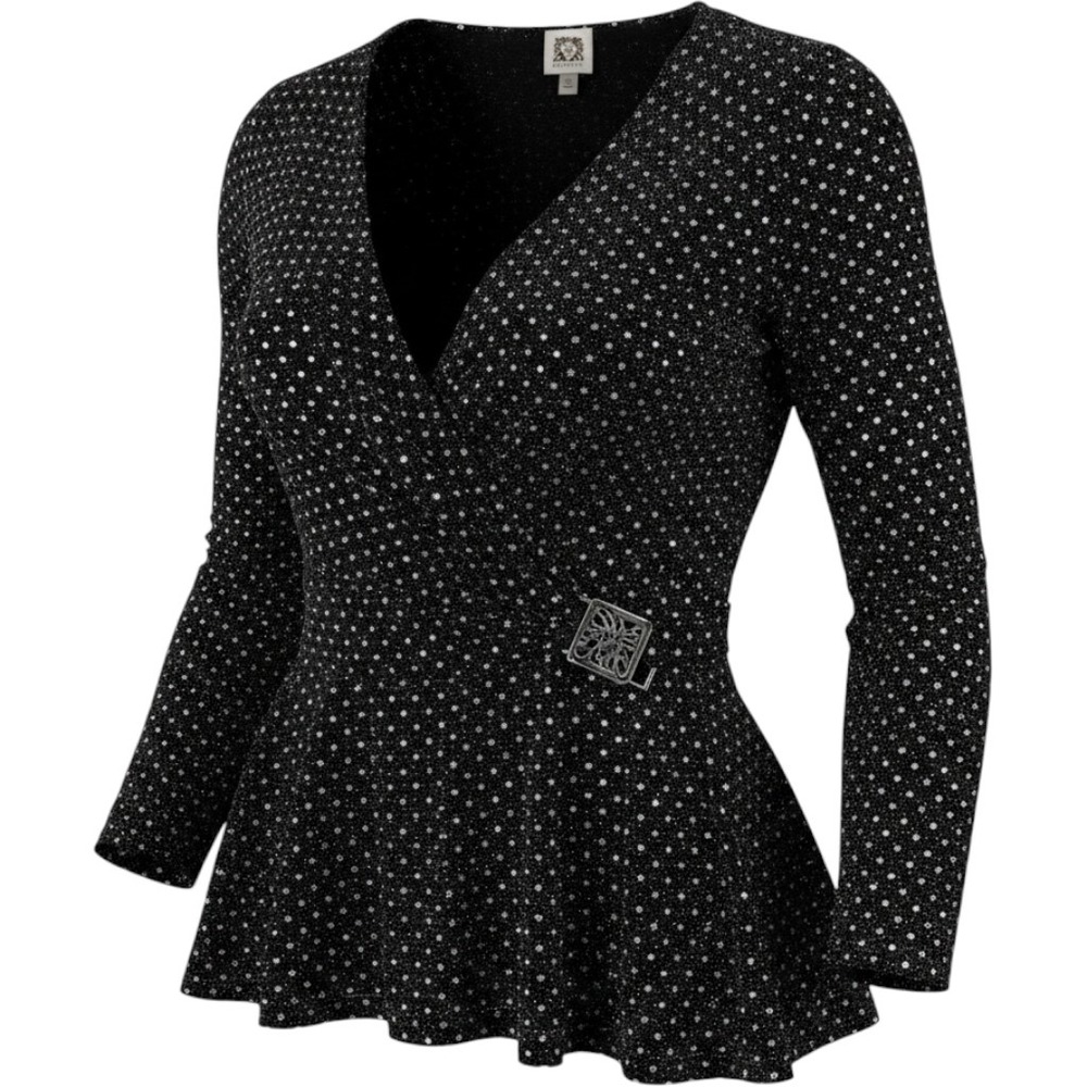 Anne Klein Wrap Top Womens Small Black Silver Shimmer Polka Dot Buckle Waist